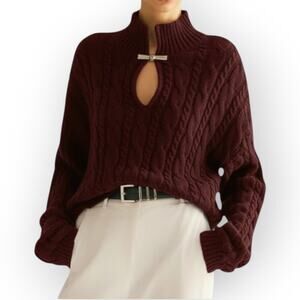 Commense Cotton Keyhole Stand-Collar Knit Burgundy Sweater – Size XL (NWT)